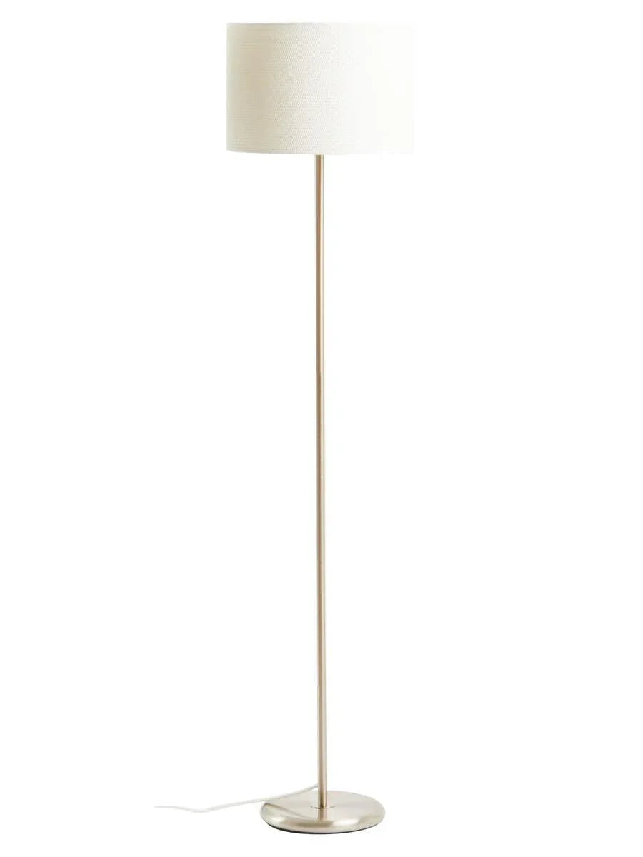 Modern floor lamp with brushed metal base and ivory drum shade