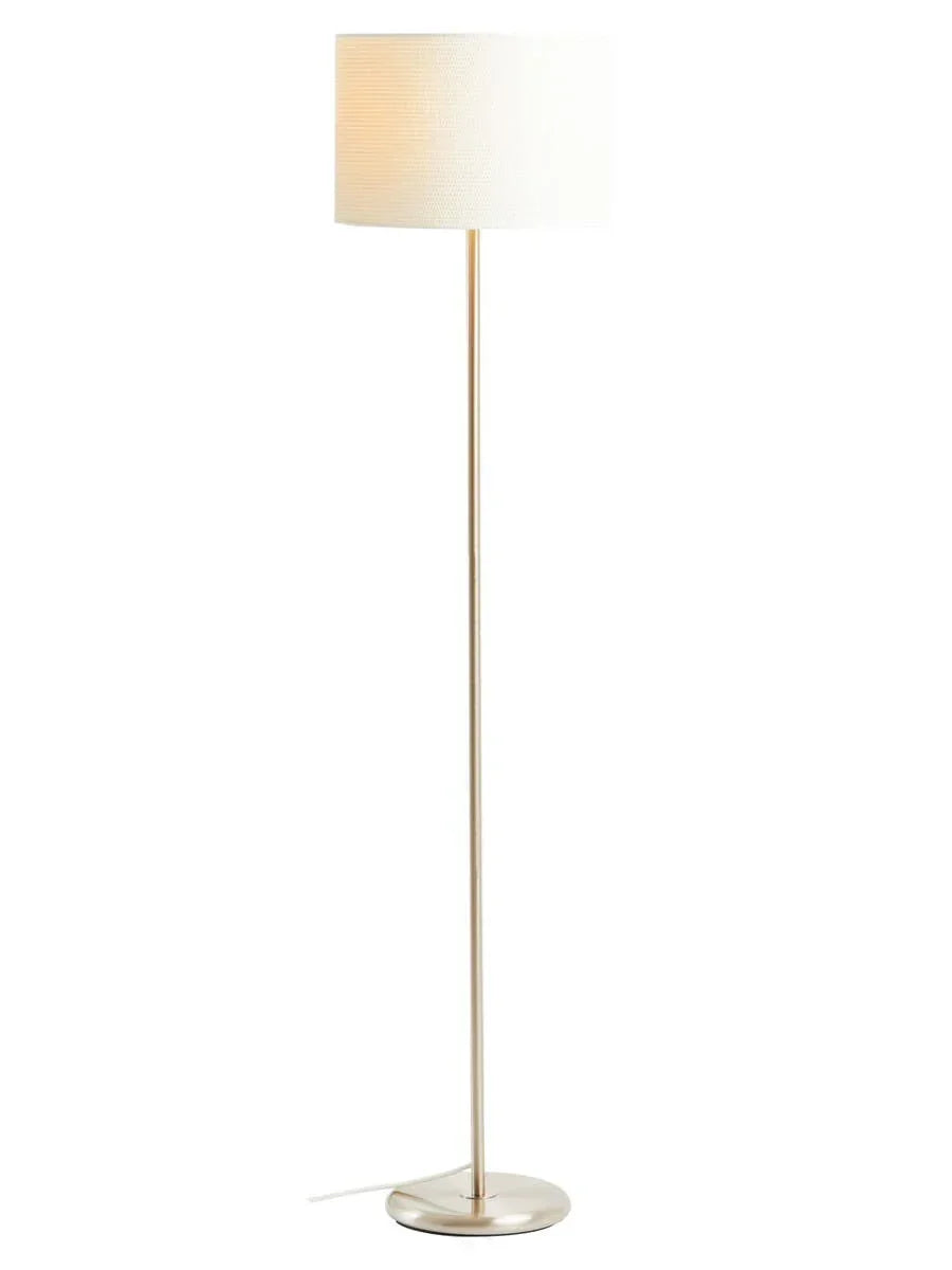 Modern floor lamp with brushed metal base and white fabric drum shade