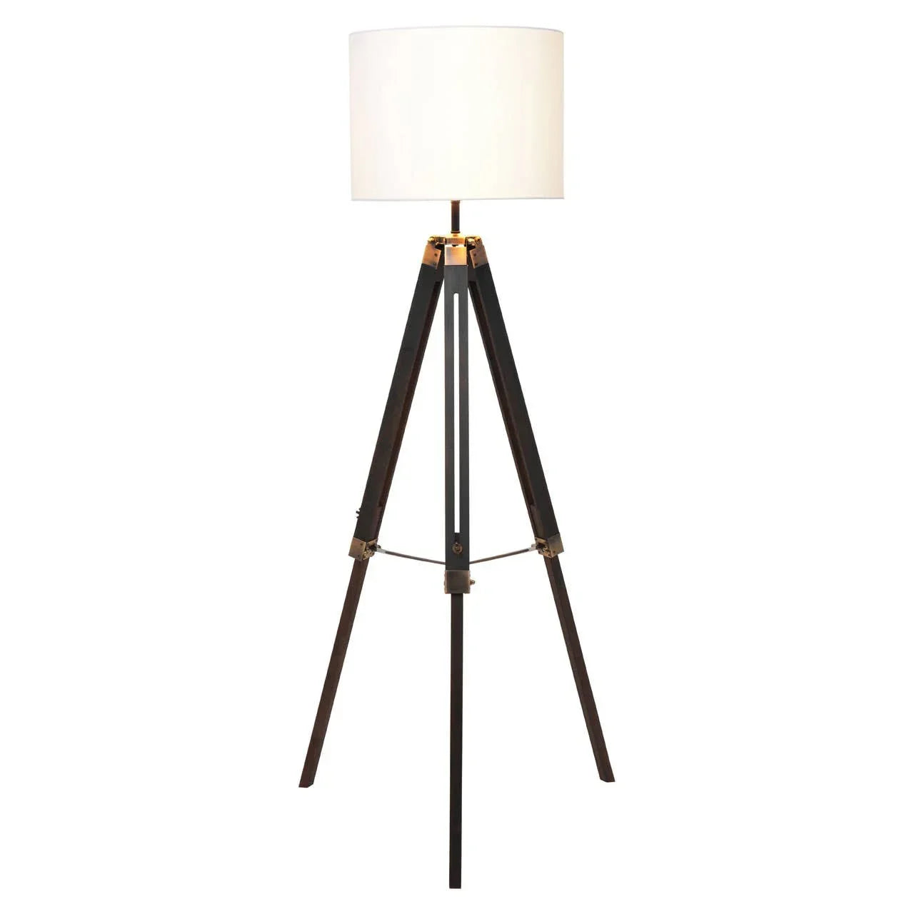 Tripod floor lamp with white drum shade and dark wooden legs