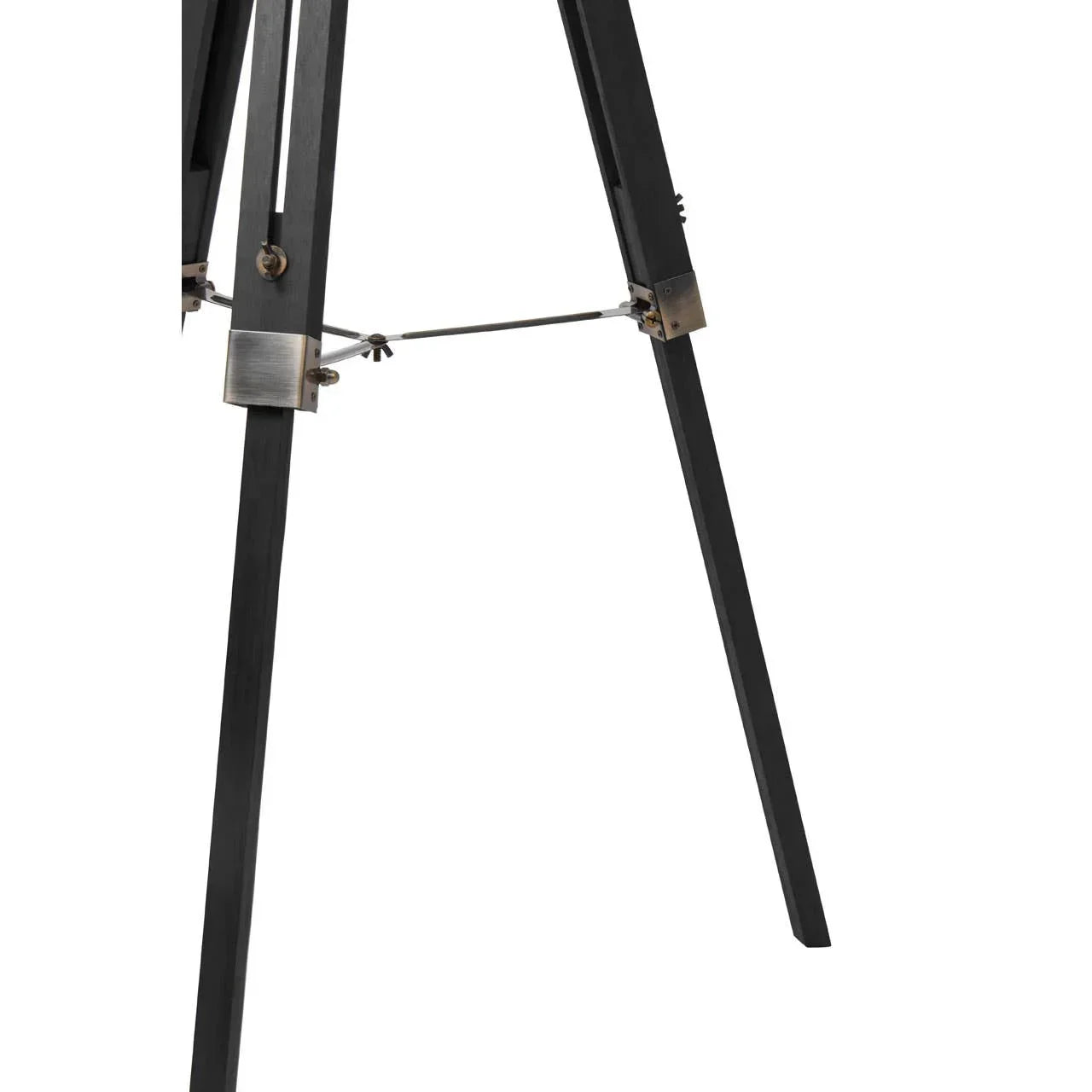Black wooden tripod lamp base legs with metal joints and support bar close-up