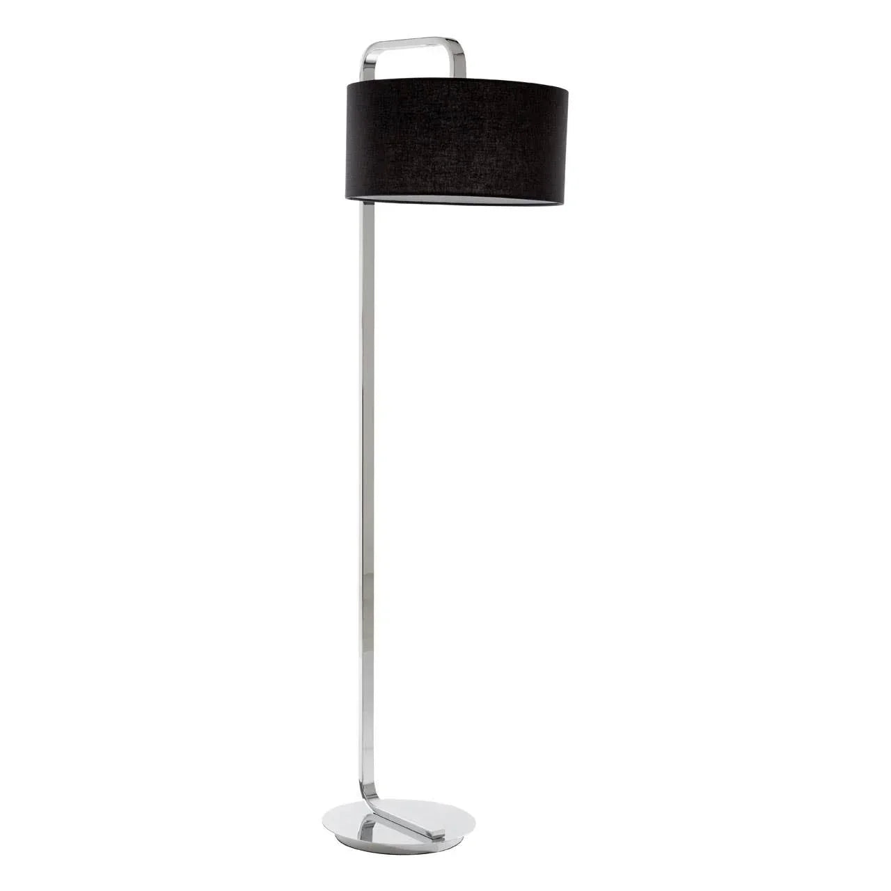 Chrome floor lamp with black drum shade and round base