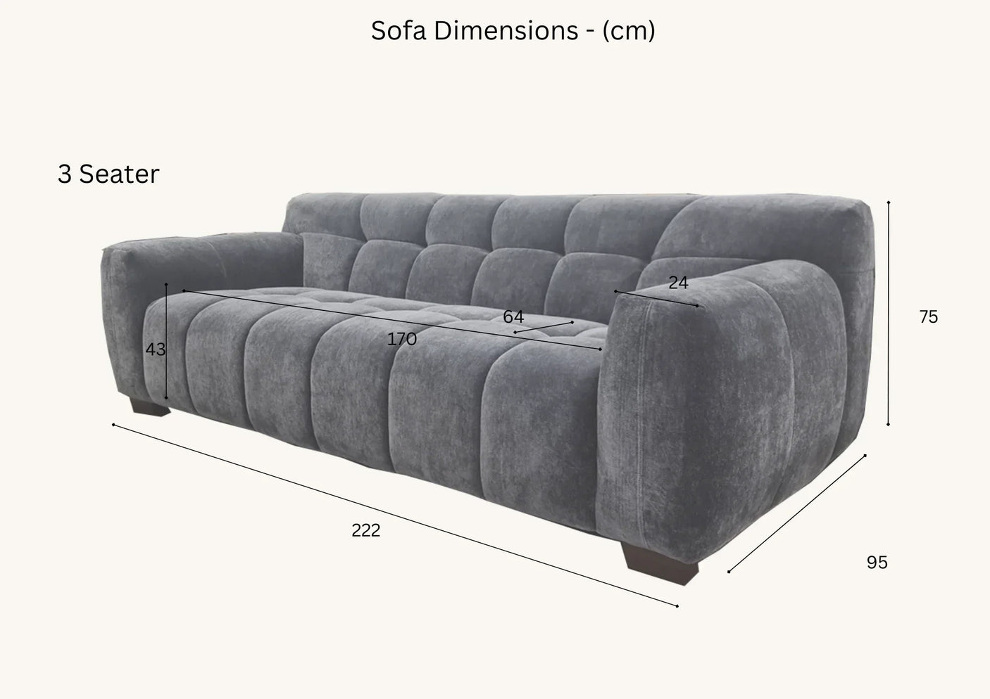 Grey three seater sofa with tufted upholstery, dimensions labeled in centimeters