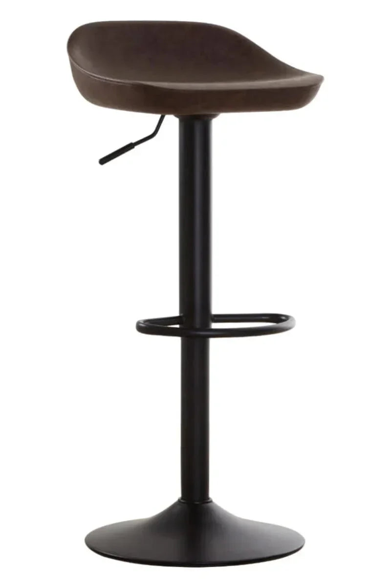 Brown bar stool with footrest and black pedestal base, side lever for adjustable height