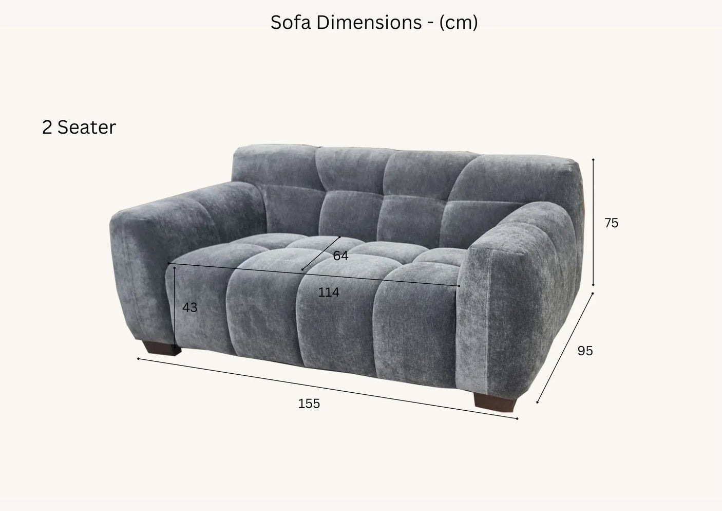 Grey fabric 2 seater sofa with dimensions labeled for seat width, depth, and height