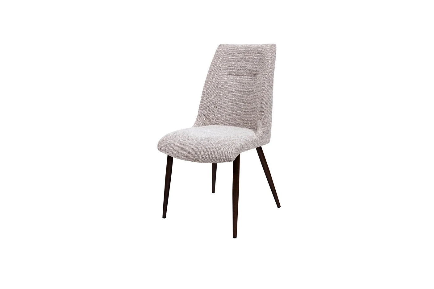 Upholstered dining chair with light beige fabric and dark wooden angled legs