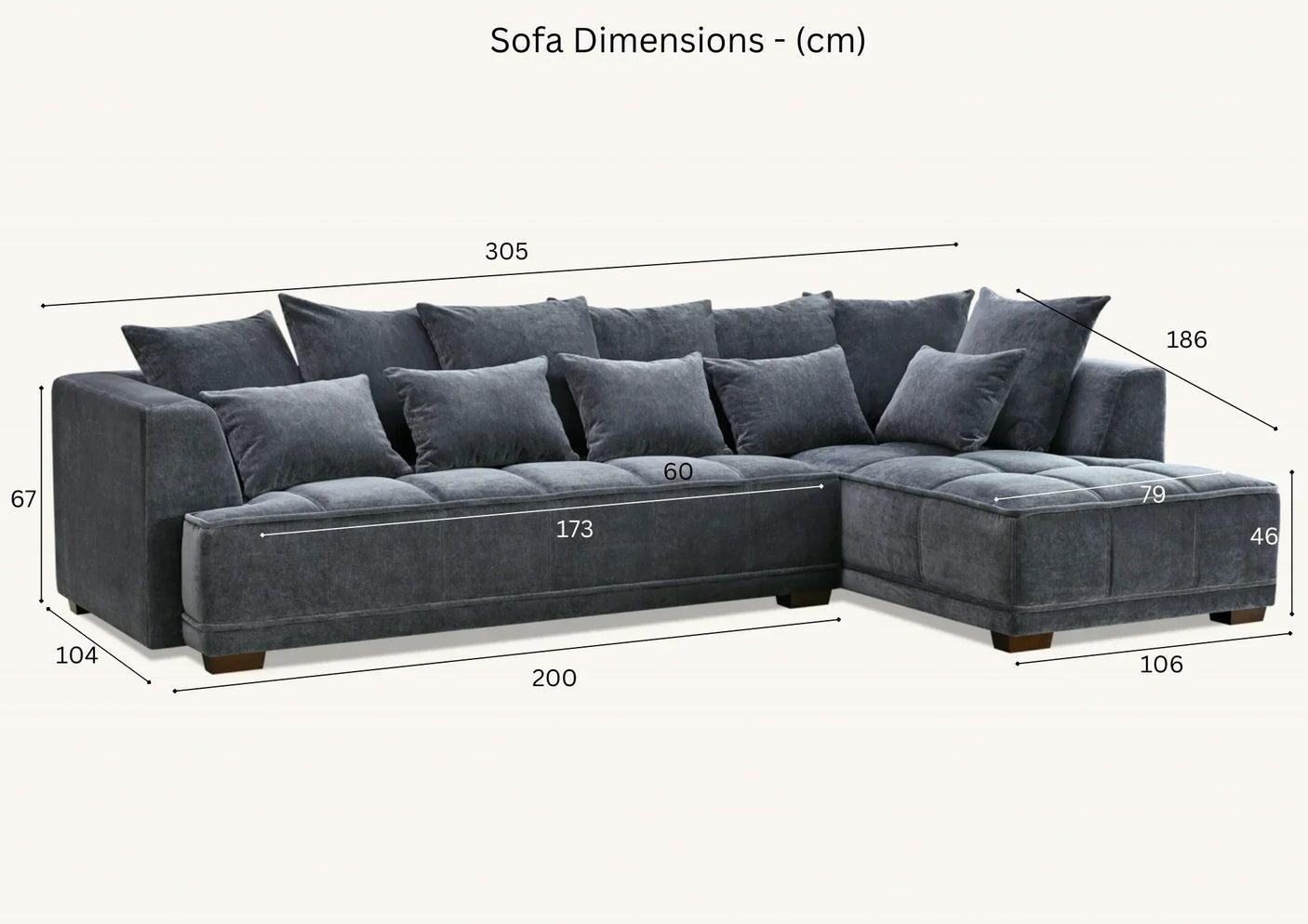 Dark grey corner sofa with scatter back cushions, sectional layout, sofa dimensions labelled in cm