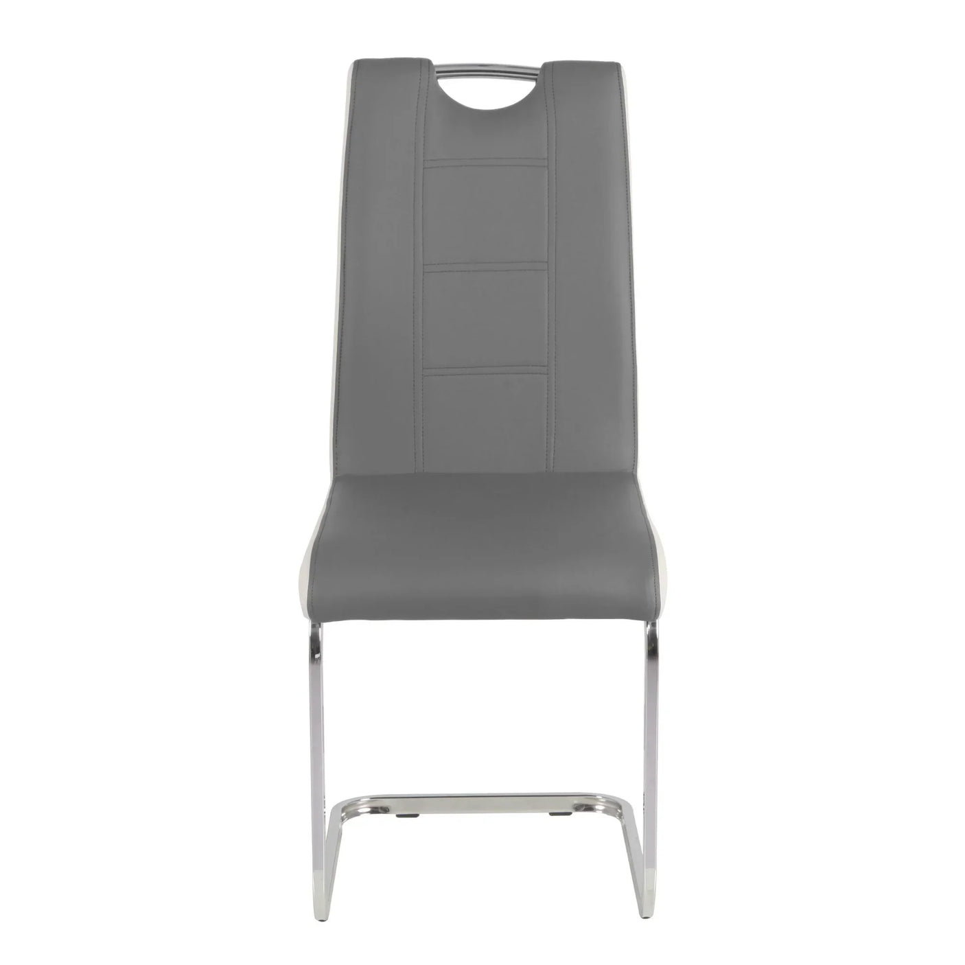 Grey faux leather dining chair with chrome cantilever legs, front view