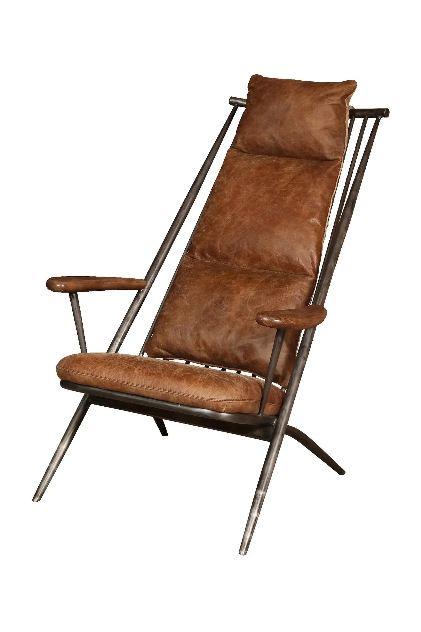 Brown leather armchair with padded seat and backrest on a metal frame