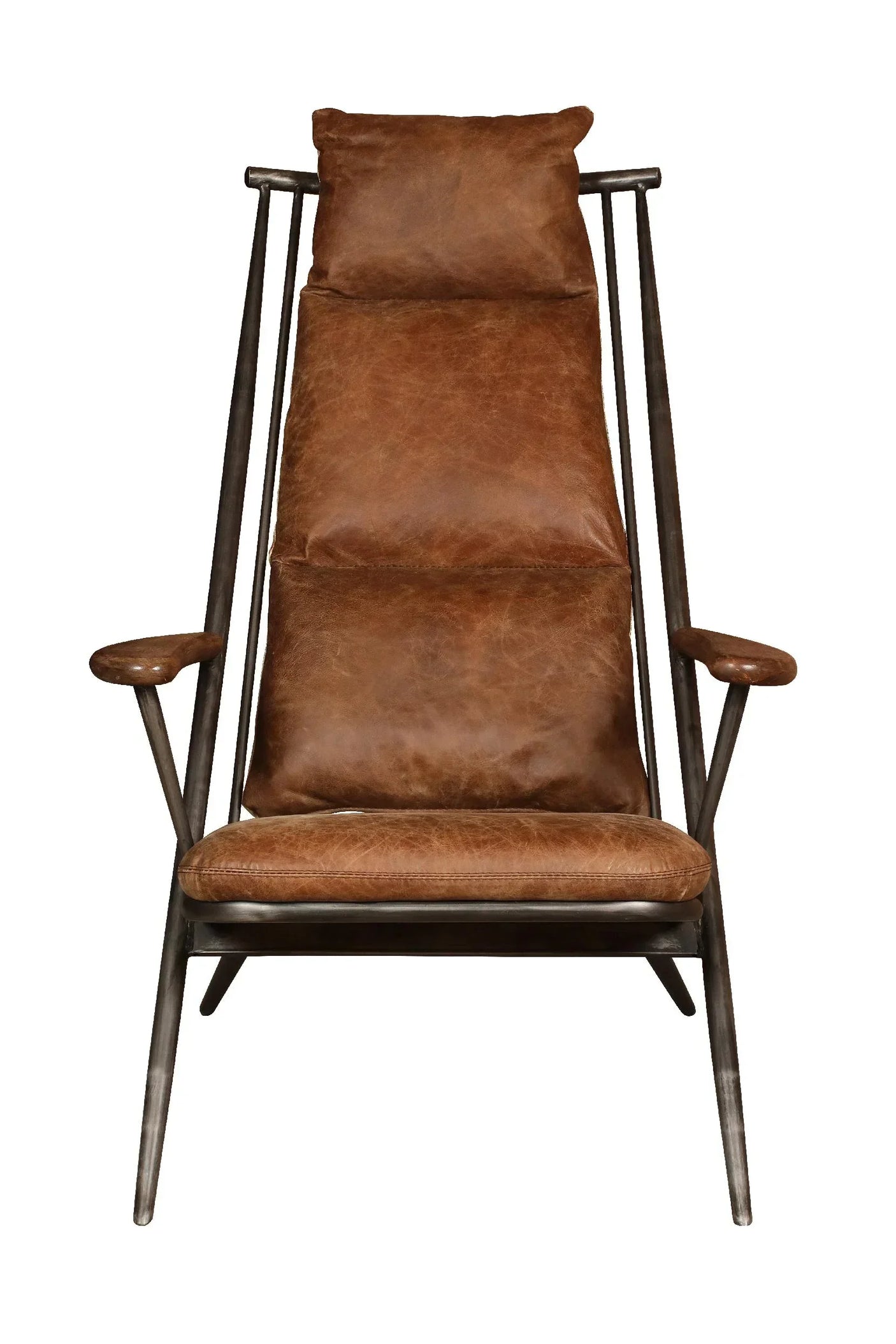 Brown leather accent chair with metal frame and angled armrests, front view