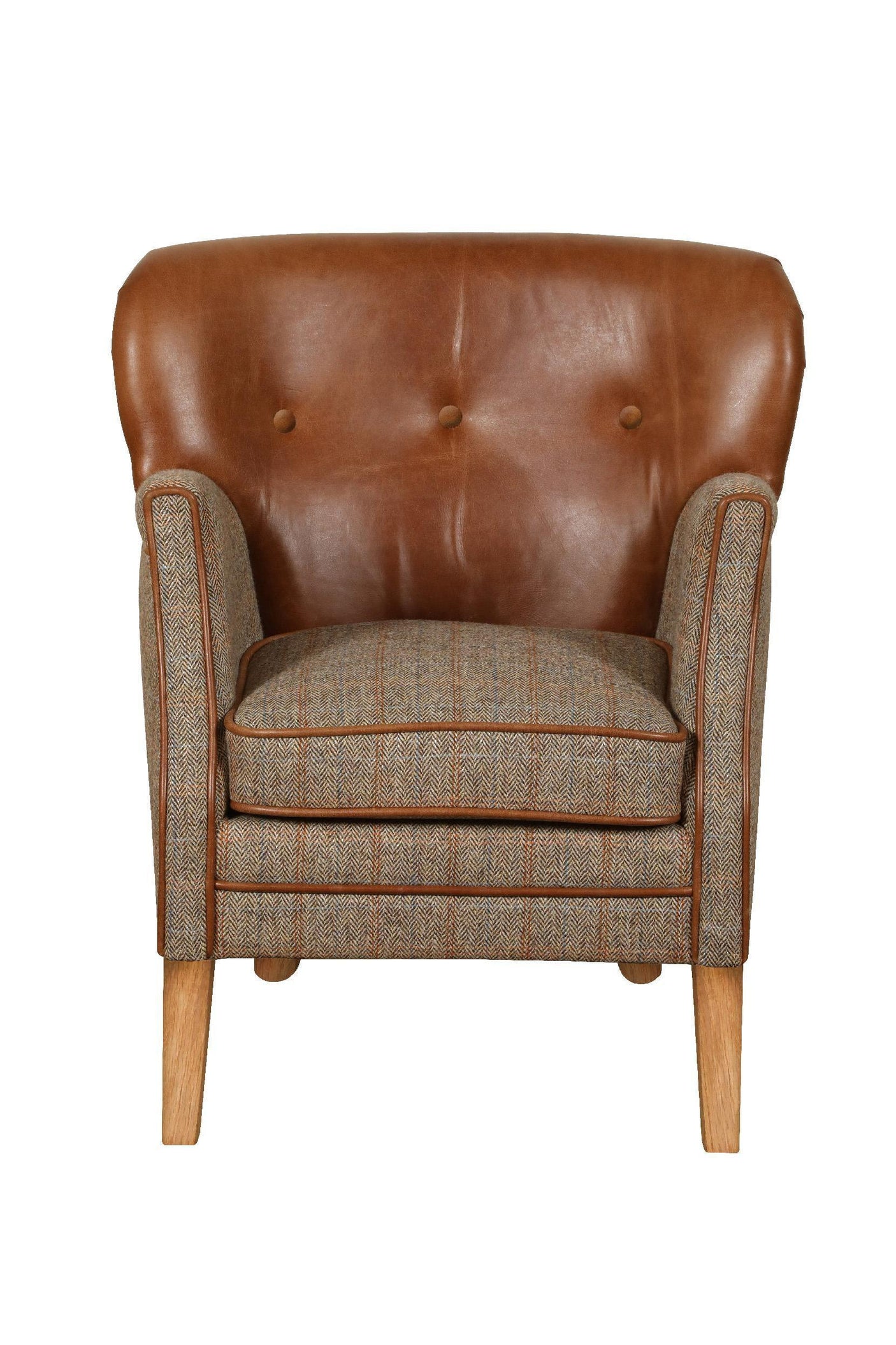 Brown leather and tweed accent chair with wooden legs, front view