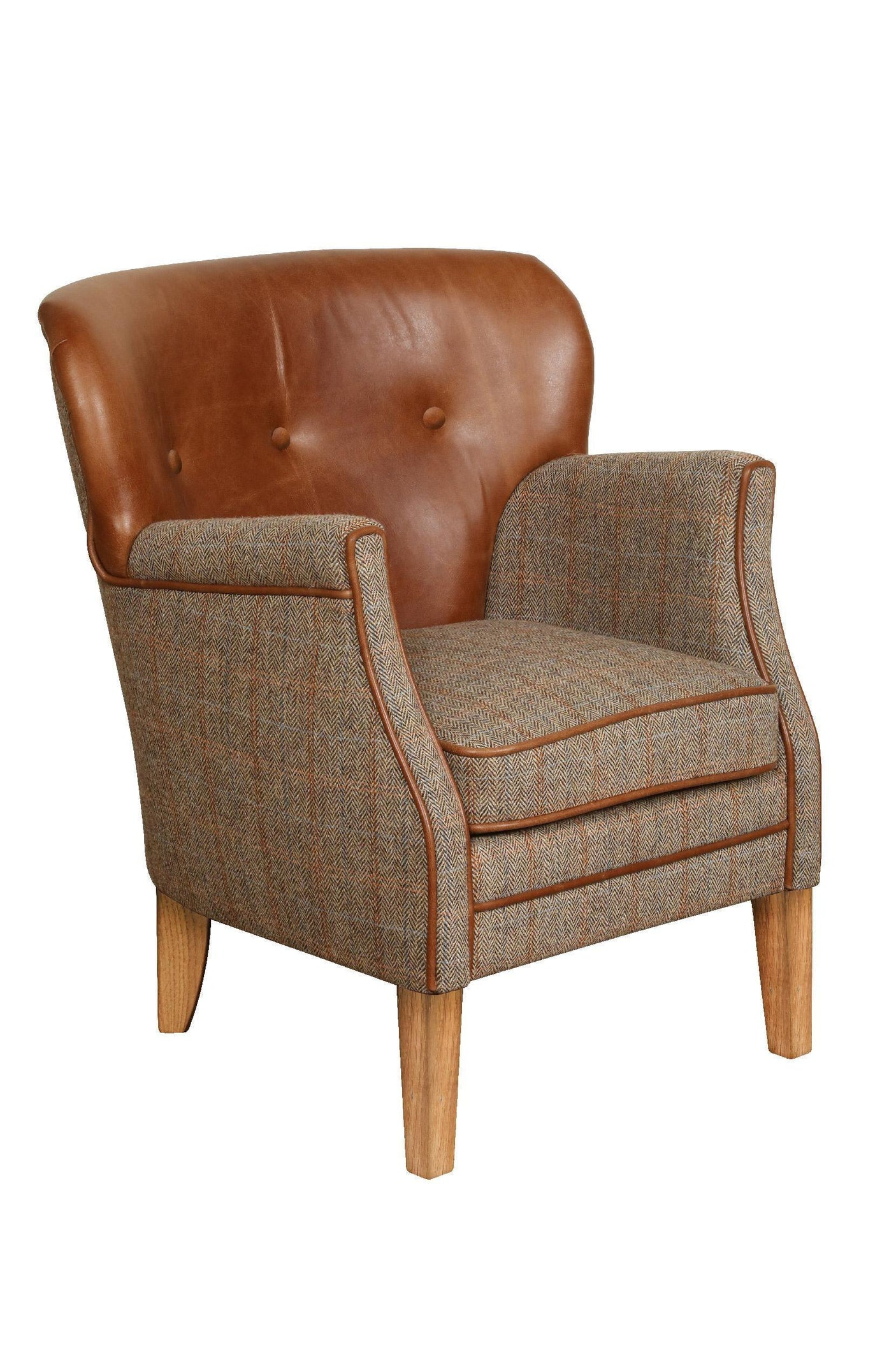 Brown leather and tweed accent armchair with wooden legs, front angle view