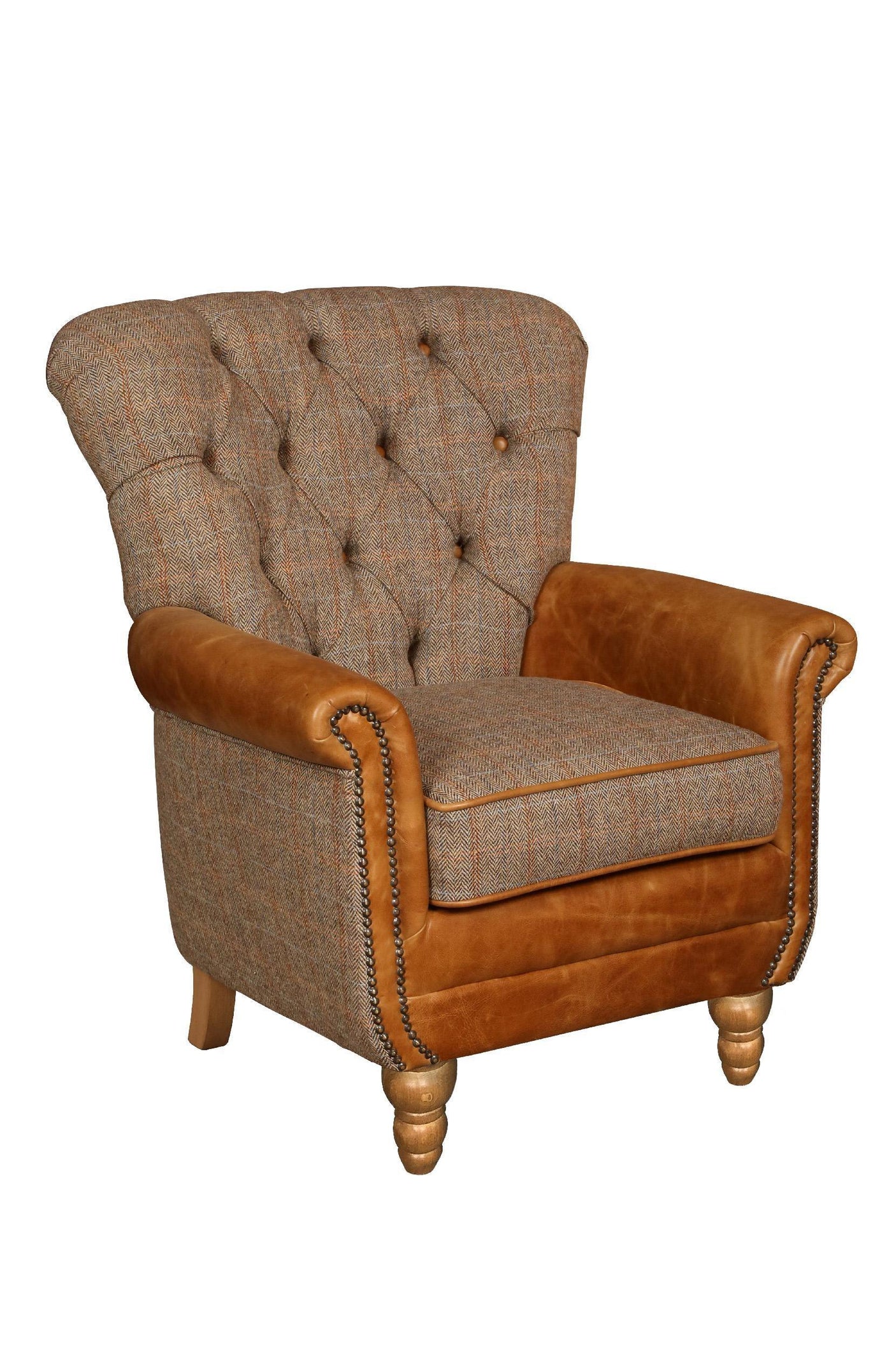 Brown fabric and leather armchair with button-tufted back and wooden legs