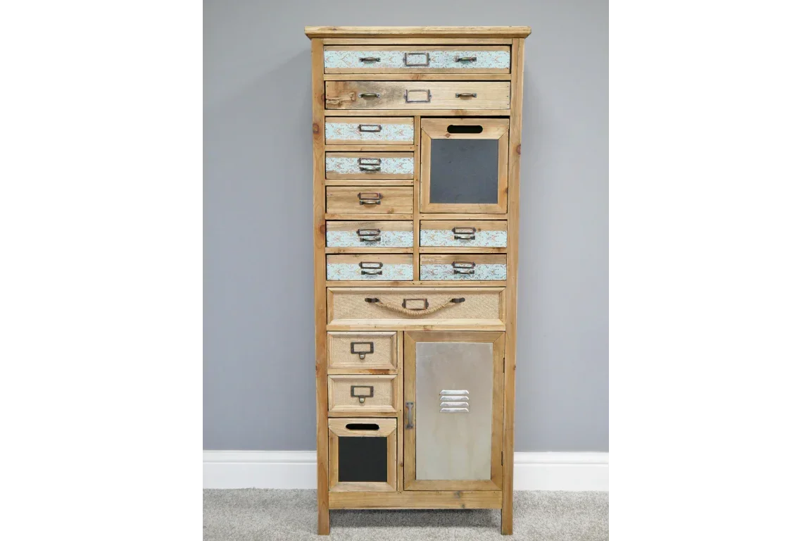 Tall wooden chest of drawers with mixed drawer fronts and metal cabinet door