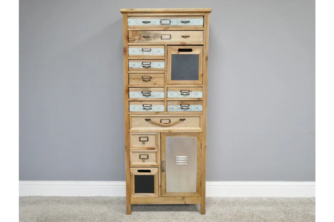Tall wooden chest of drawers with mixed size compartments and metal drawer fronts