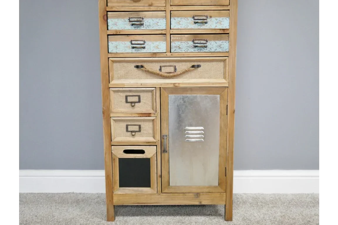 Industrial style storage cabinet with mixed drawers and a metal door, natural wood finish