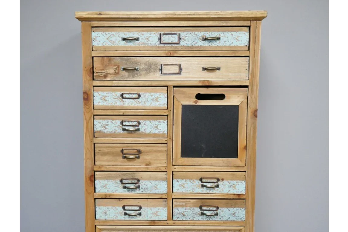 Wooden chest of drawers with blue distressed fronts and metal handles, rustic finish
