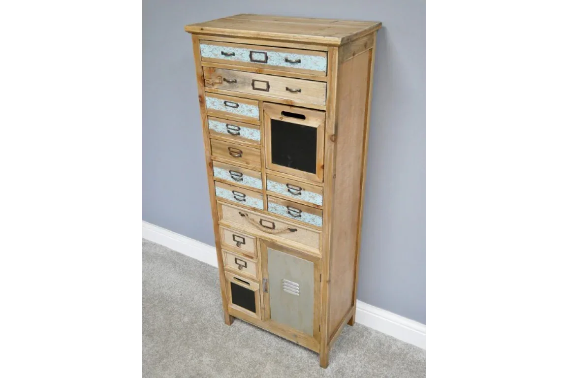 Tall wooden storage cabinet with multiple patterned drawers and metal label holders