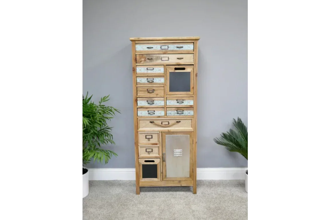 Tall wooden storage cabinet with multiple drawers and metal panels, standing on carpeted floor
