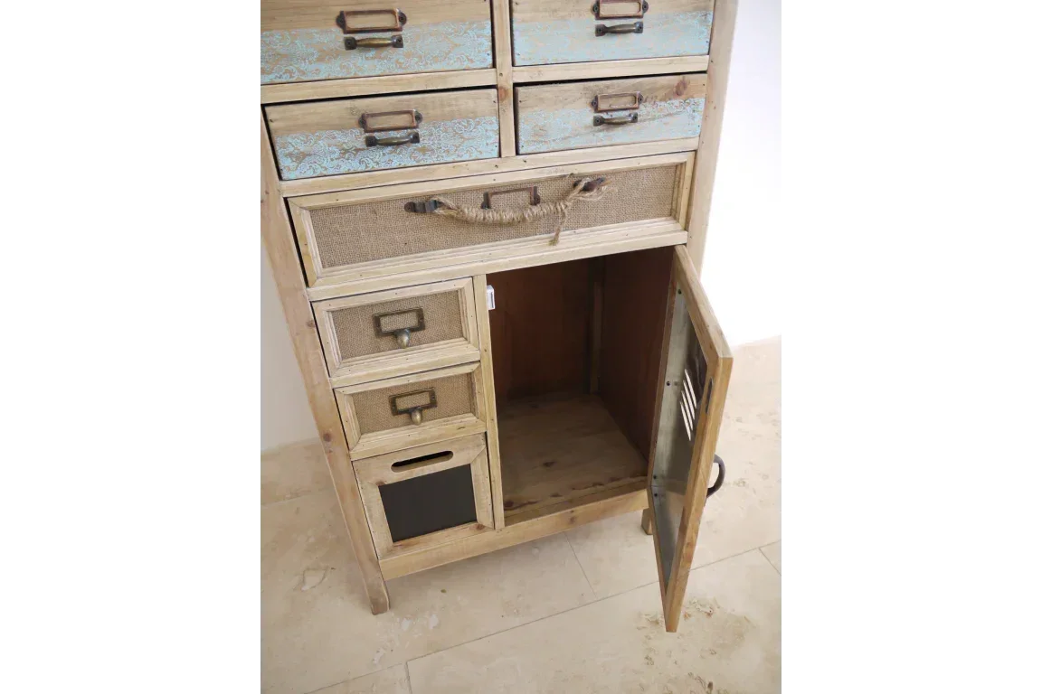 Rustic storage cabinet with mixed drawers and open door compartment in natural wood finish
