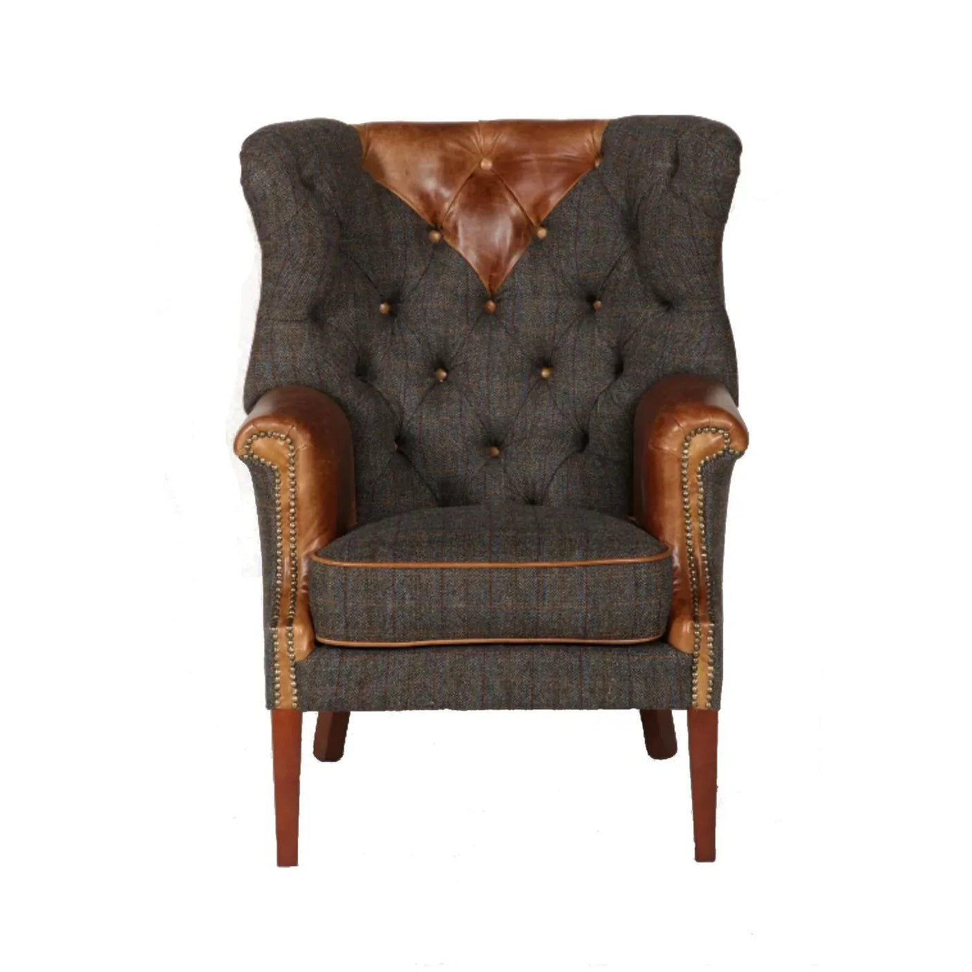 Brown tweed wingback armchair with tan leather accents and button-tufted backrest