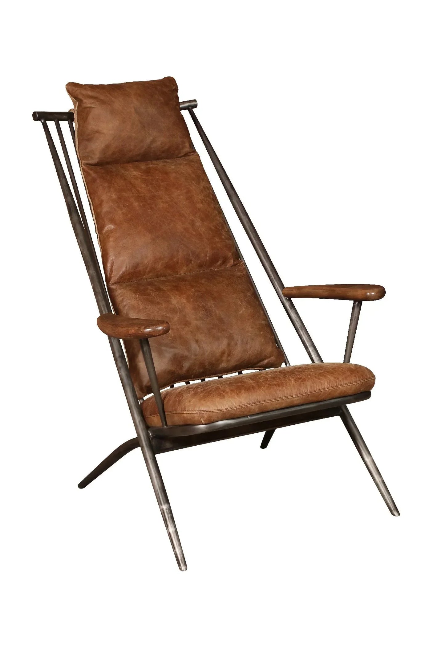 Brown leather armchair with metal frame and angled legs, front side view