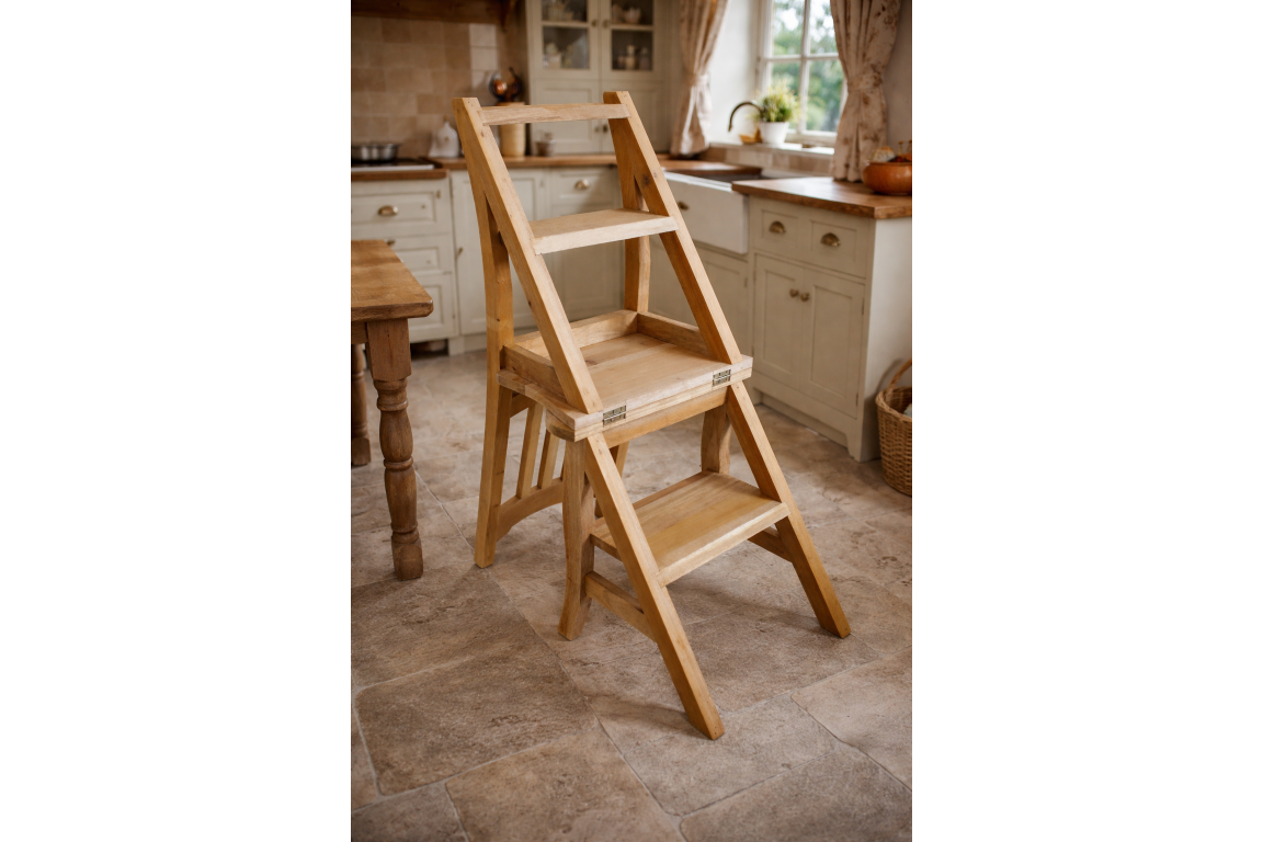 Unfinished wooden chair with built-in step ladder in a cozy kitchen setting, angled view showing steps and seat.