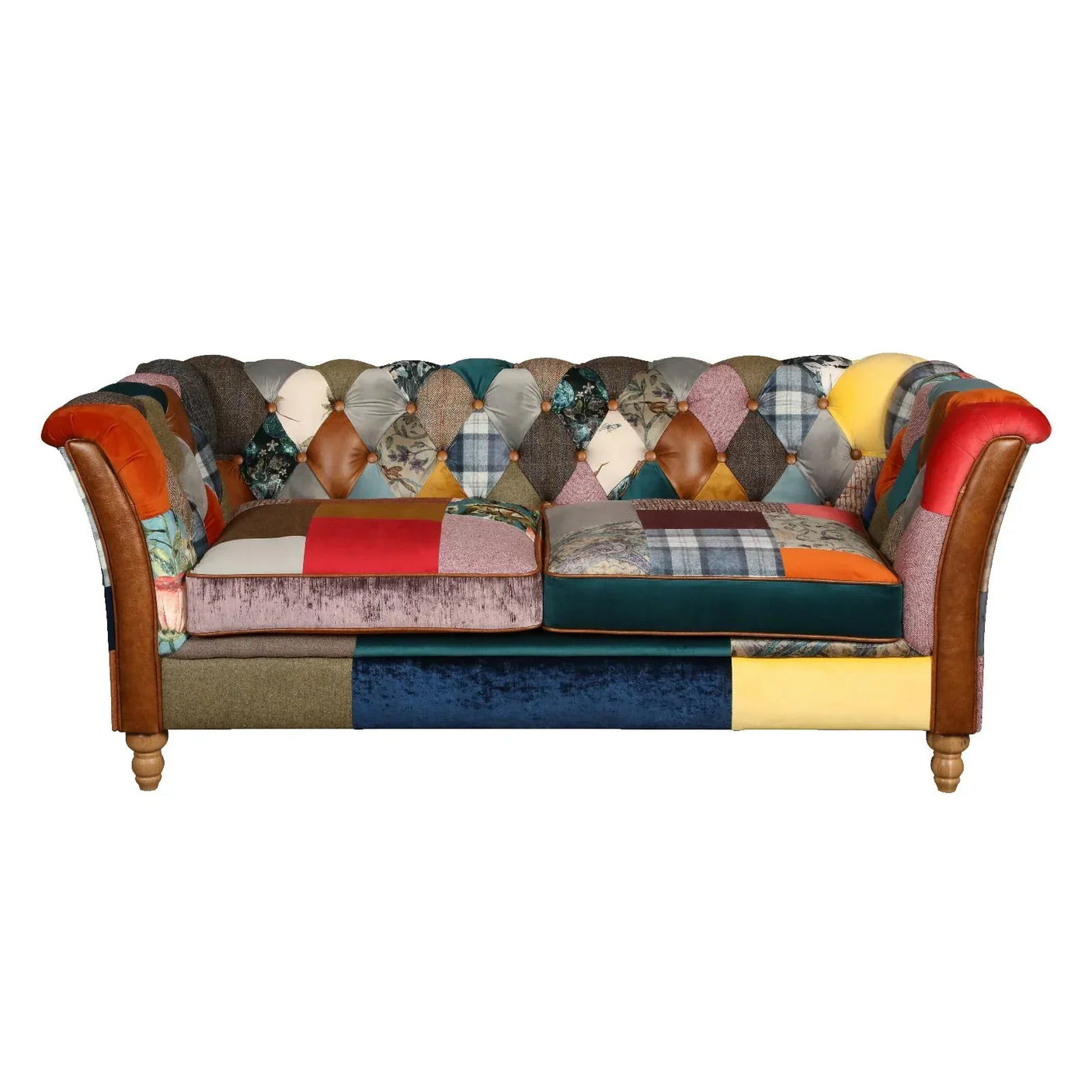 Patchwork velvet sofa with tufted back, multicolour fabric upholstery, and wooden legs