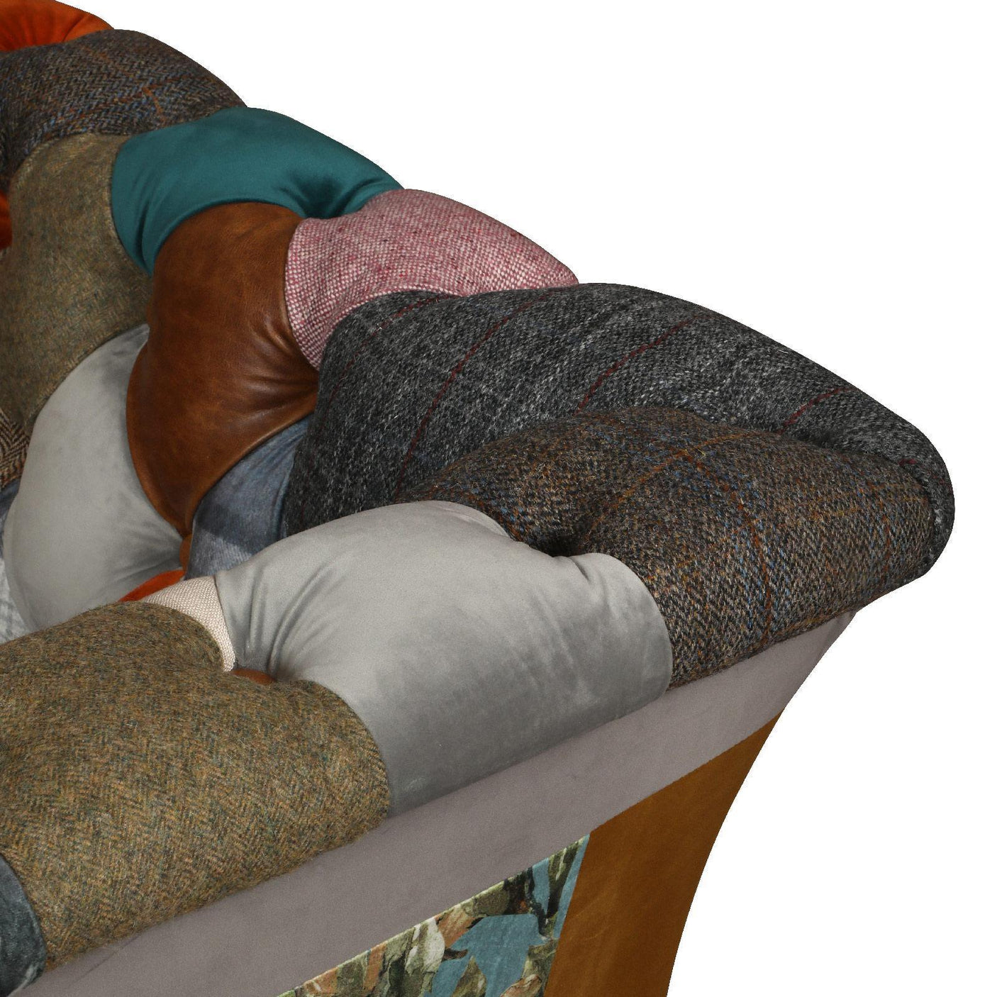 Patchwork fabric and leather sofa armrest in multi-colour with tufted upholstery detail