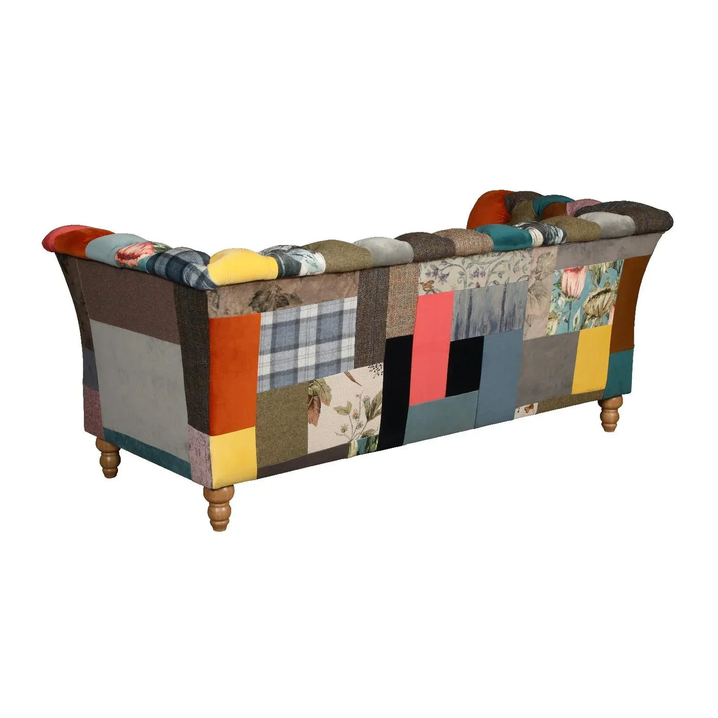 Patchwork fabric sofa with wooden legs, multicolored back view, floral and plaid panels