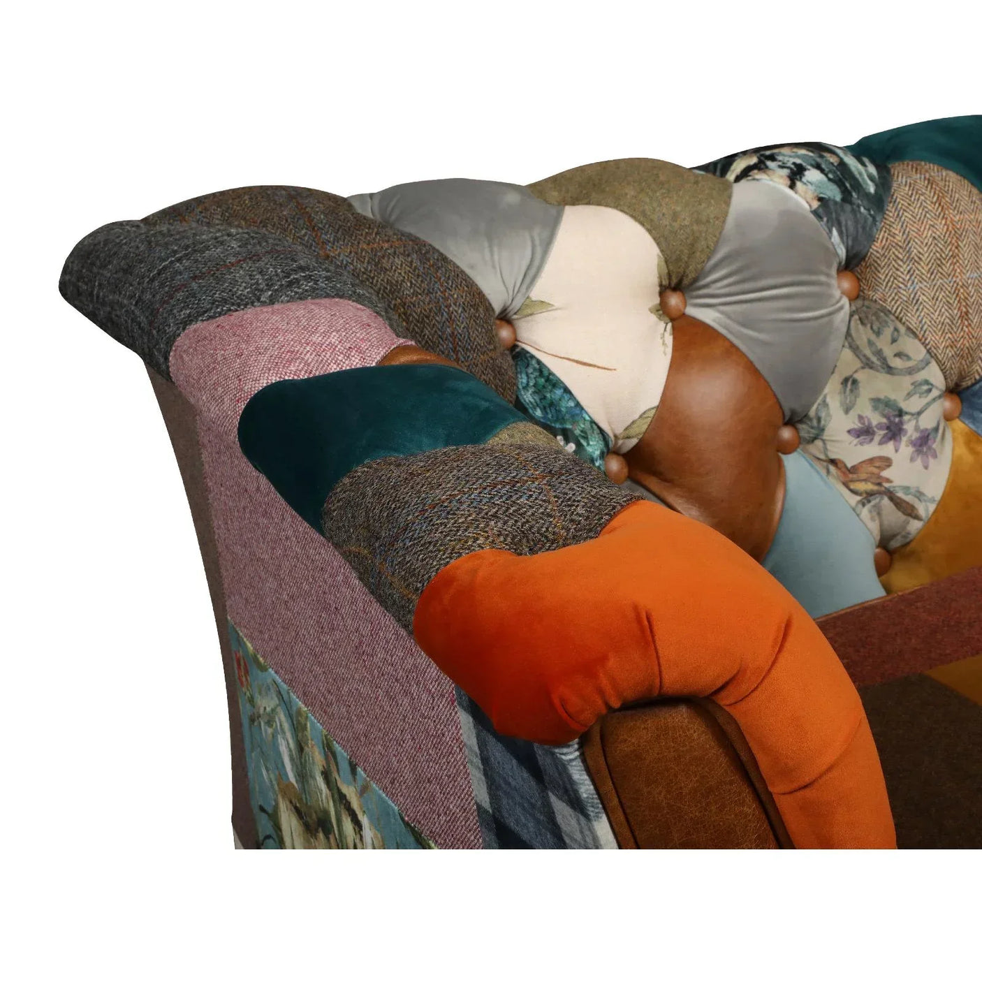 Patchwork fabric sofa armrest with floral, velvet, leather, and tweed upholstery
