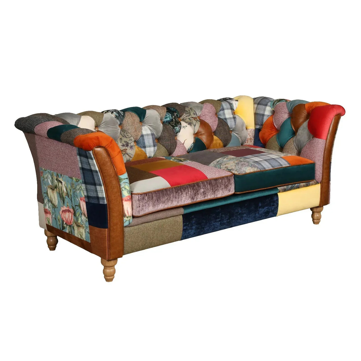 Patchwork fabric sofa with wooden legs and tufted back in assorted colors