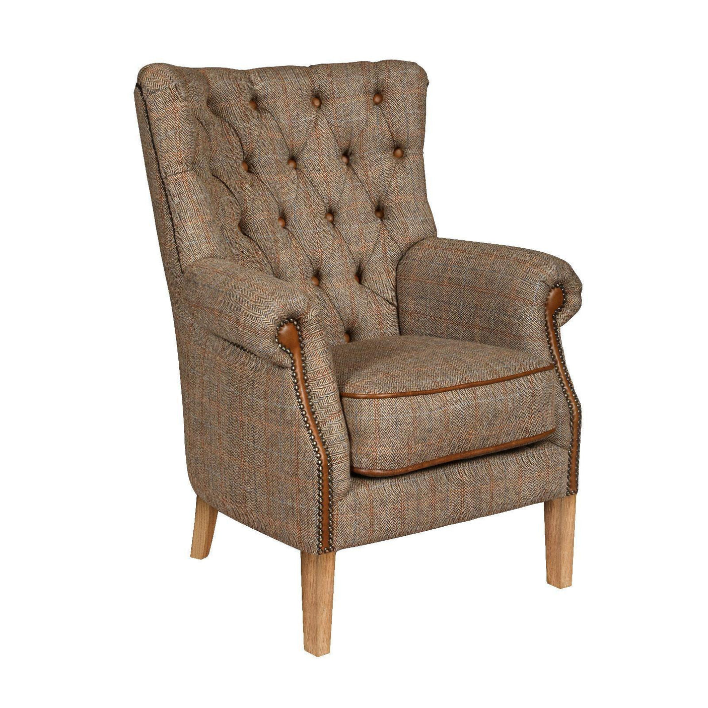 Brown tweed armchair with button-tufted back, wooden legs, and studded trim