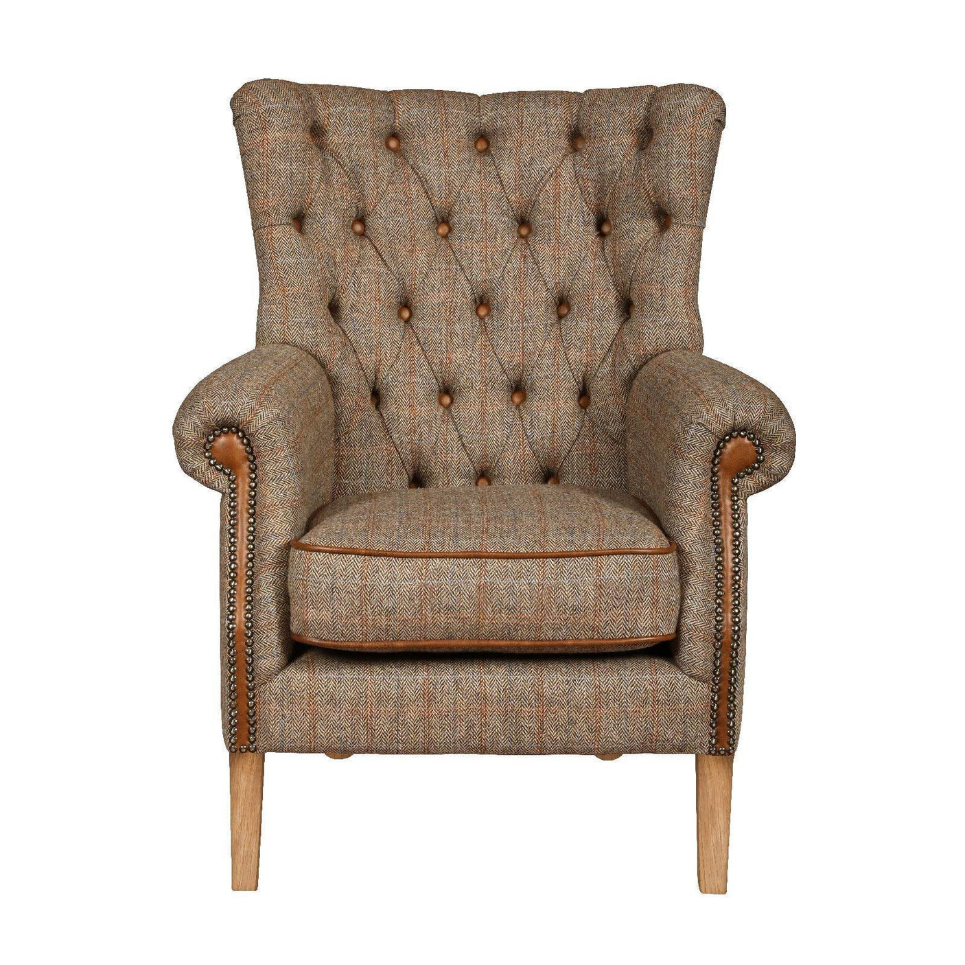 Tufted armchair with brown checked upholstery, wooden legs, and studded armrest detailing