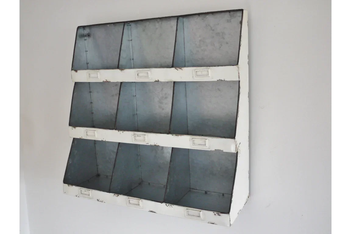Wall-mounted metal storage organiser with nine compartments and distressed white trim