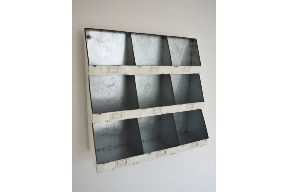 Wall-mounted metal storage organiser with nine compartments, industrial grey finish