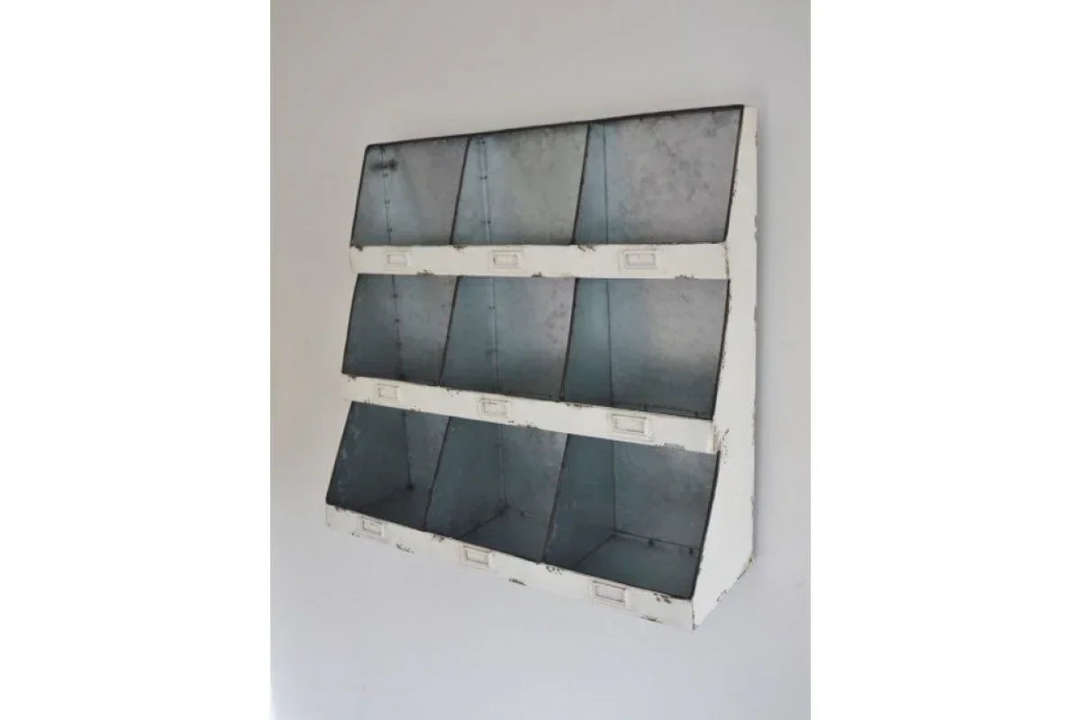 Wall-mounted metal storage unit with nine cubby compartments in distressed white finish