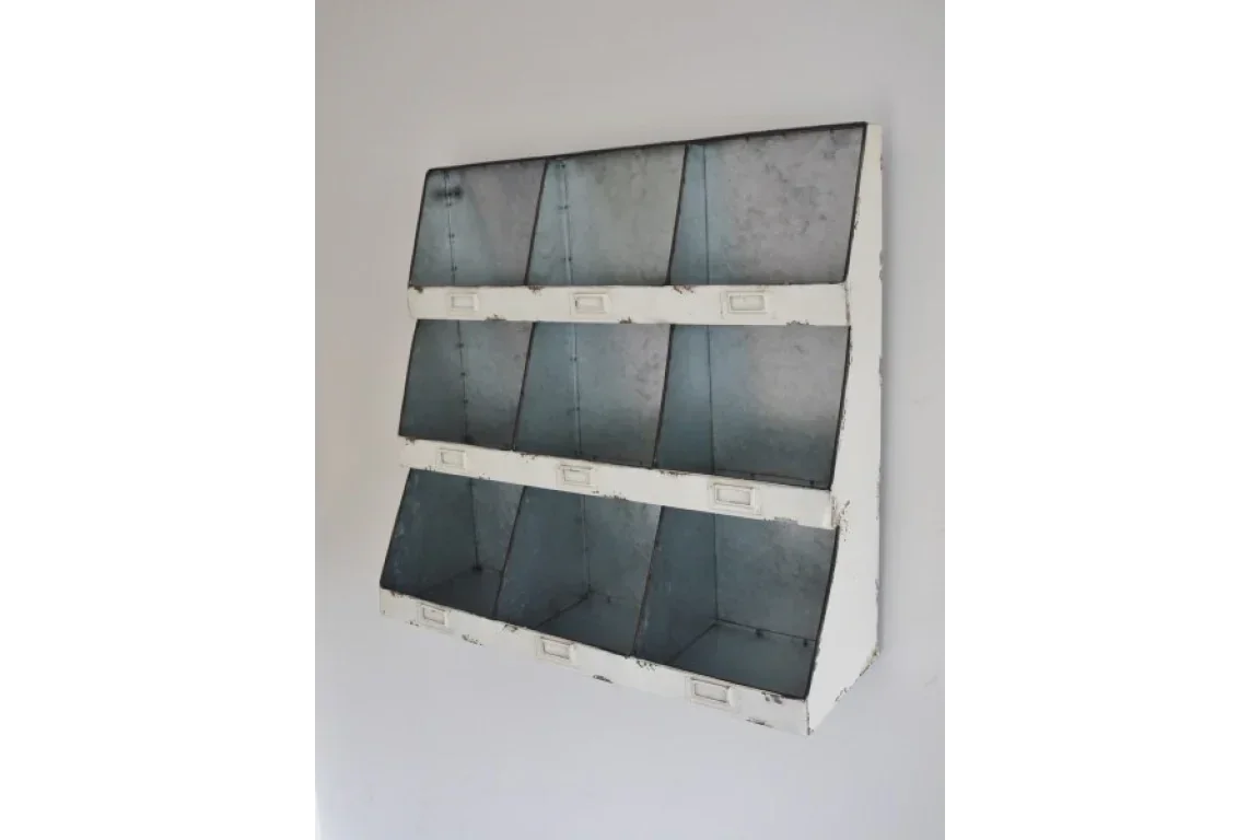 Industrial metal wall storage unit with nine cubby compartments