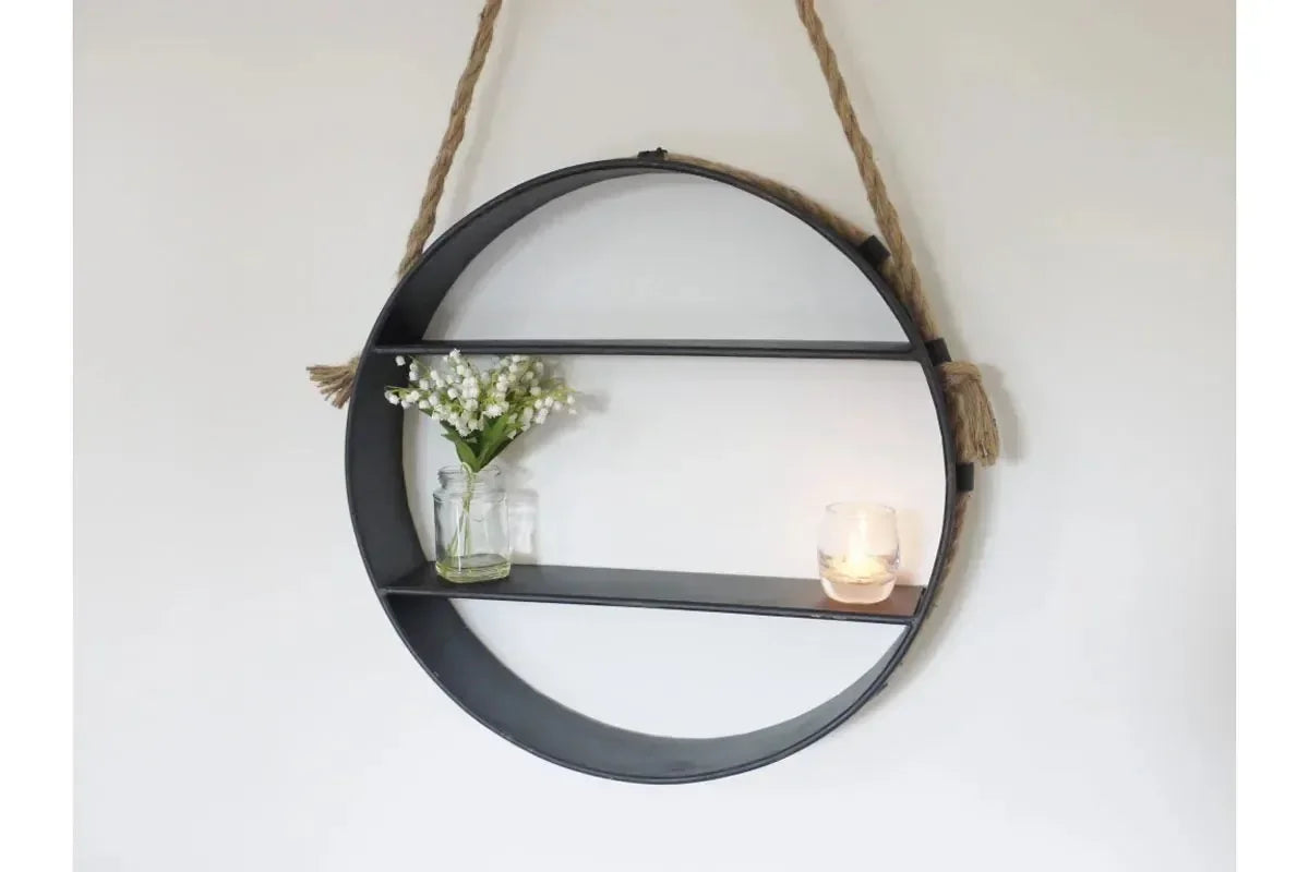 Round metal wall shelf with rope hanging, glass jar vase and candle decor