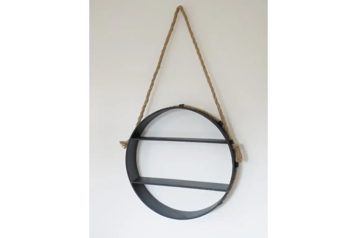 Round metal wall shelf with rope hanging, two tiers, against white background