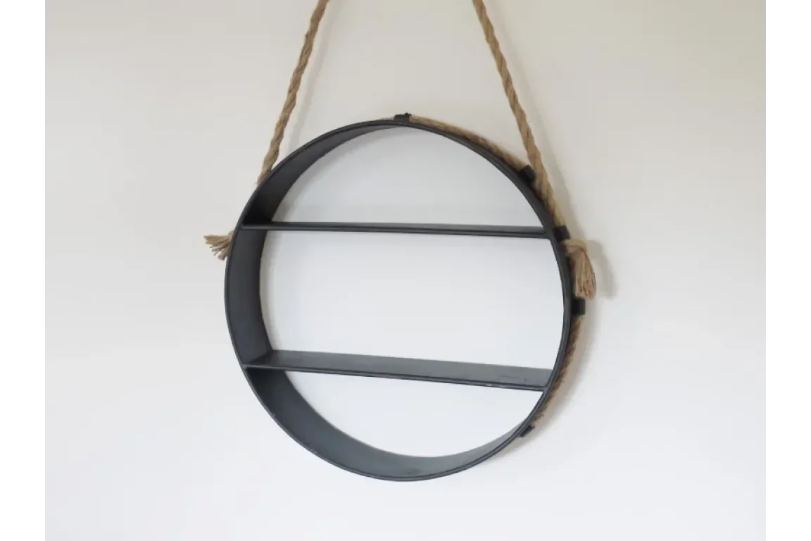 Round metal wall shelf with rope hanging on white background, two shelves visible