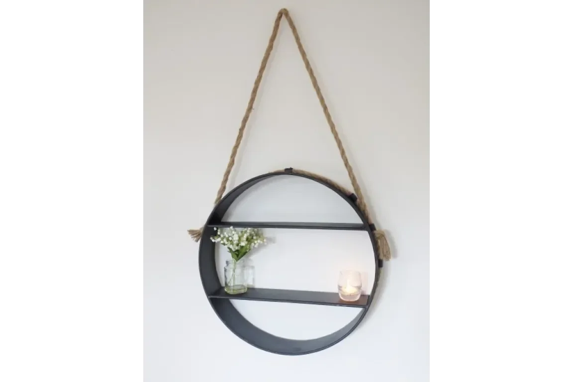 Round metal wall shelf with rope hanger, glass vase and candle decor display