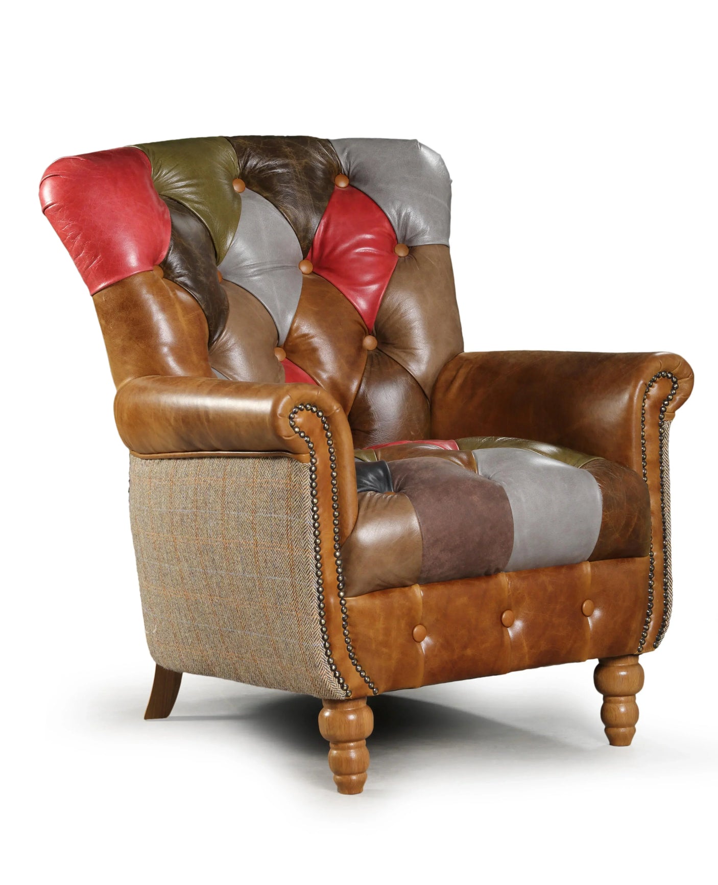 Patchwork leather armchair with button tufting and wooden legs, multicolored upholstery