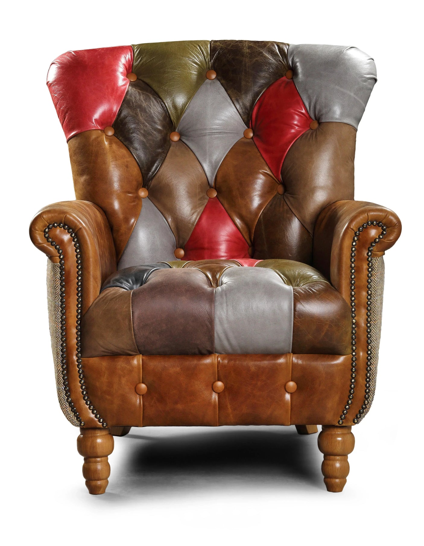 Patchwork leather armchair with studded arms and turned wooden legs, front view