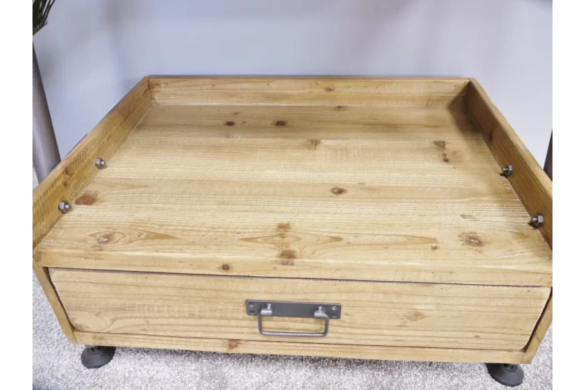Wooden coffee table with storage drawer and metal handle on casters