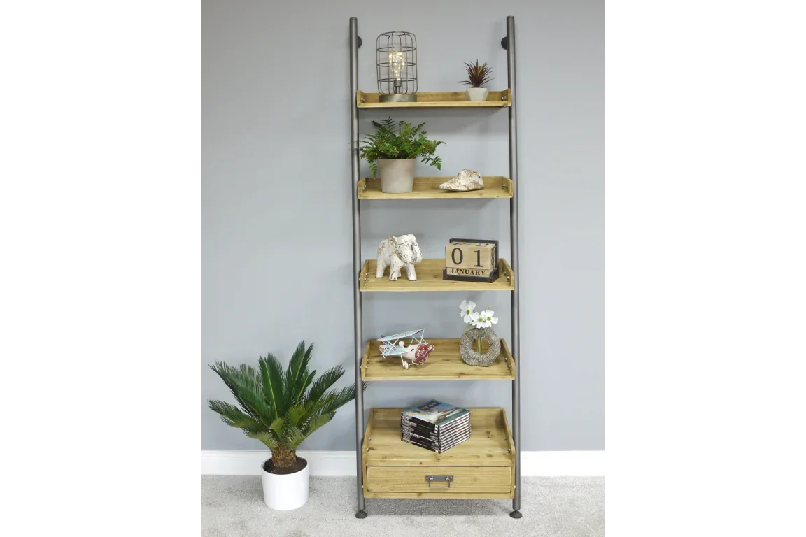 Industrial wood and metal ladder bookcase with shelves, decorative plants, books, ornaments