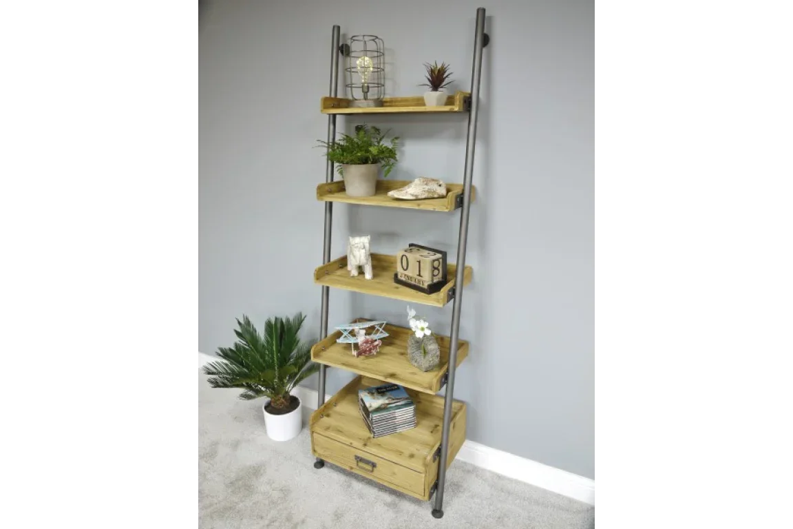 Wood and metal ladder shelf with five tiers, styled with plants, decor and books