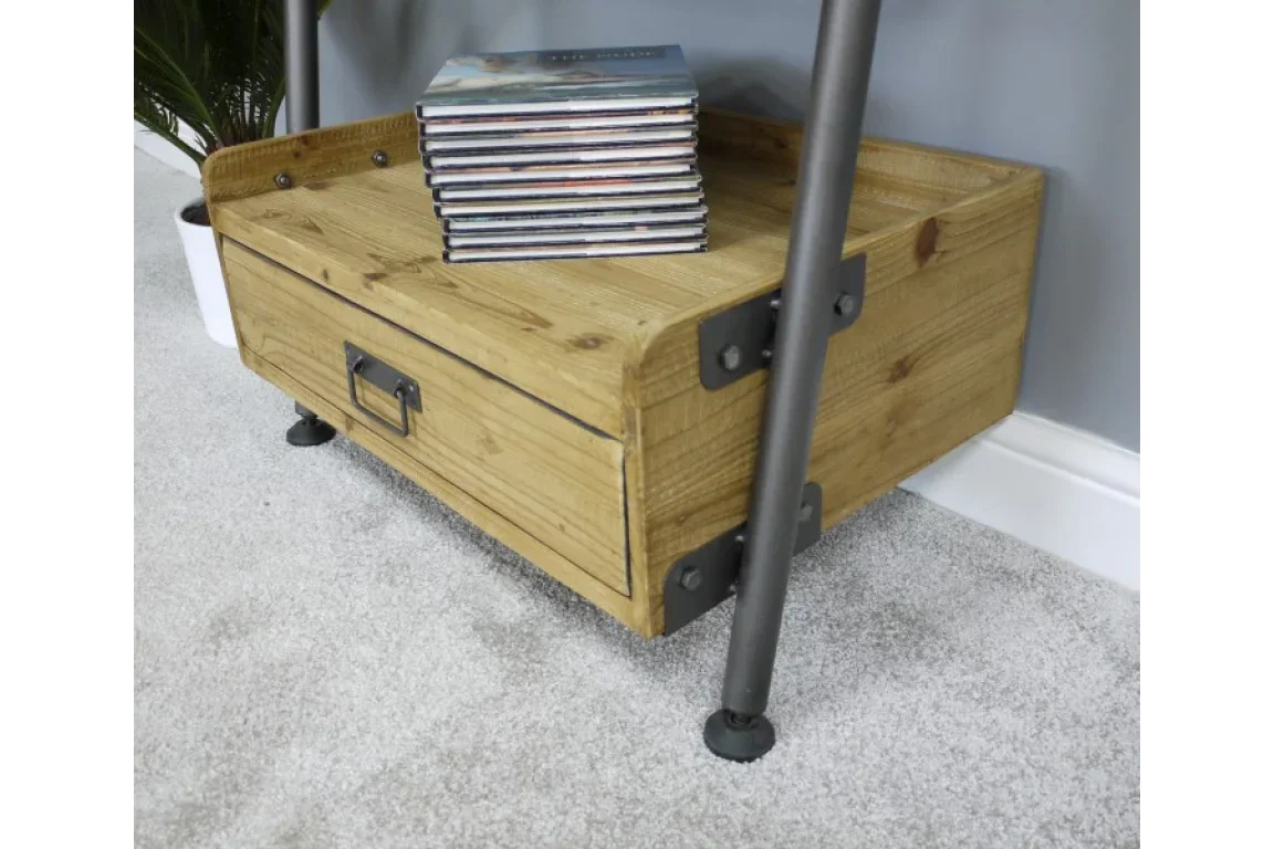 Industrial wood storage drawer with metal handles and legs, shown with stacked DVDs