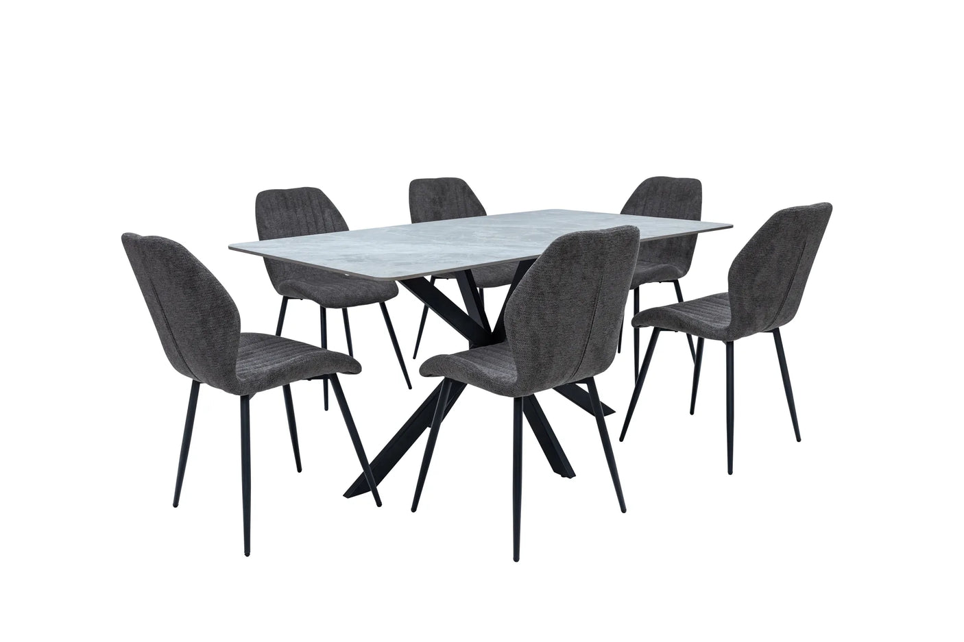 A 7-piece dining set featuring a rectangular light gray stone-look table with a black metal X-base, surrounded by six gray upholstered chairs with black legs, shown on a plain white background.