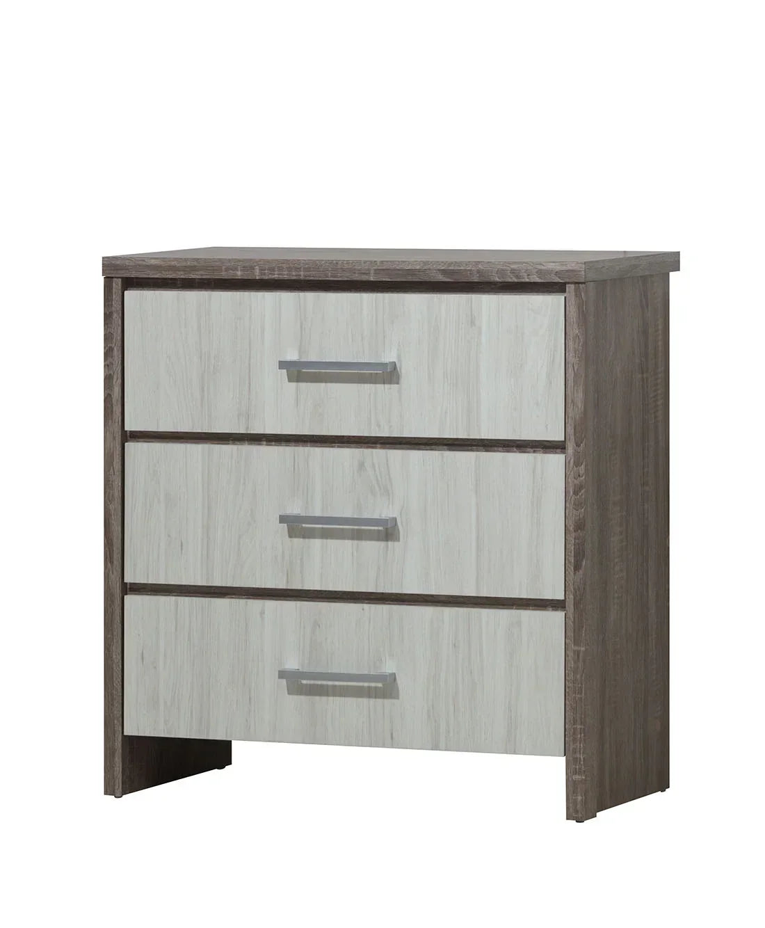 Modern three drawer chest with wood effect finish and metal handles, front view