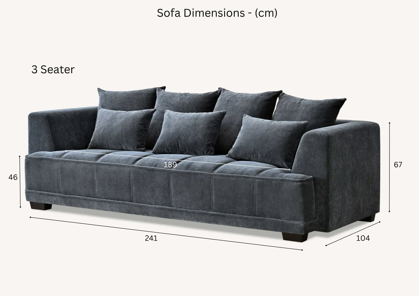 Dark grey fabric 3 seater sofa with cushions, shown with dimensions in centimeters